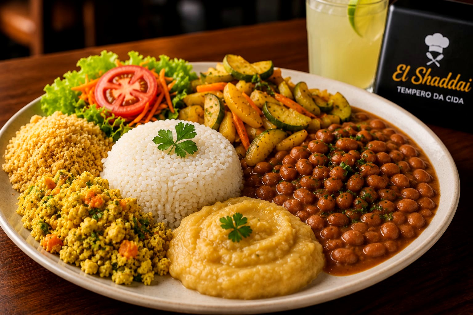 Prato completo El Shaddai com arroz, feijão, salada e acompanhamentos