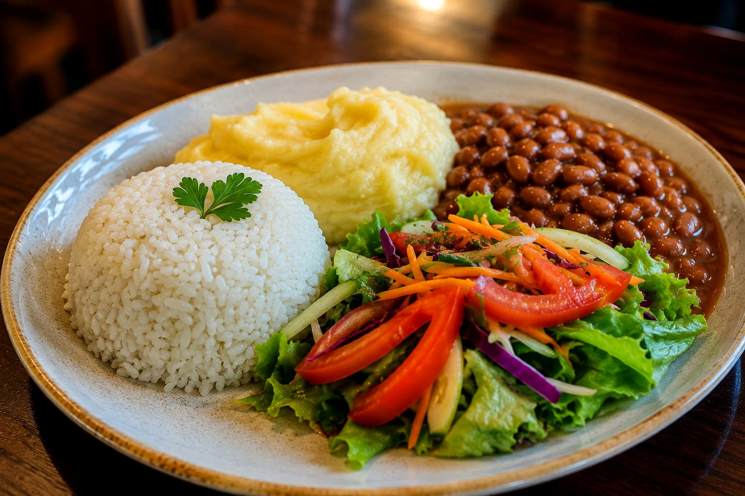 Prato feito com arroz, feijão e salada no El Shaddai