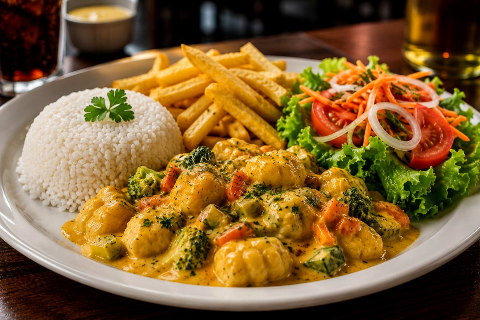 Prato com frango, arroz, fritas e salada