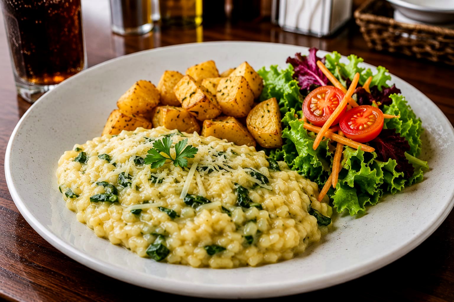 Prato cremoso acompanhado de salada e batatas